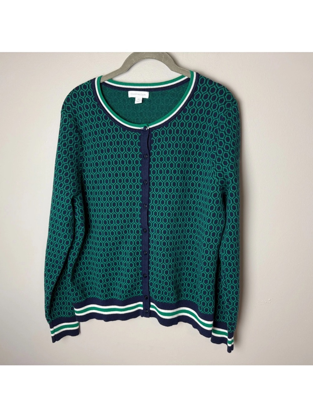 Charter Club Cardigan Sweater Plus Size XXL 2XL Cotton Blend Navy Blue Green - Picture 2 of 6